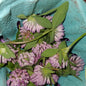 pink flowers with green stems in a light blue paper produce basket